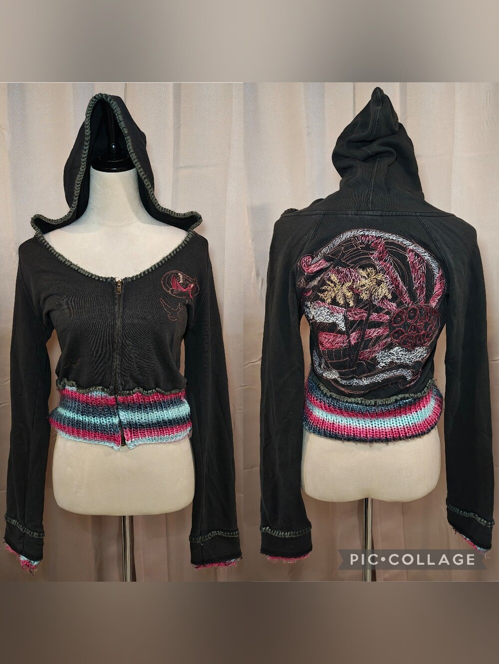 🌊🦜Y2K Rip Curl Born at Bells Zip Up Mall Goth Hoodie Jacket w Knit Trim🌊🦜